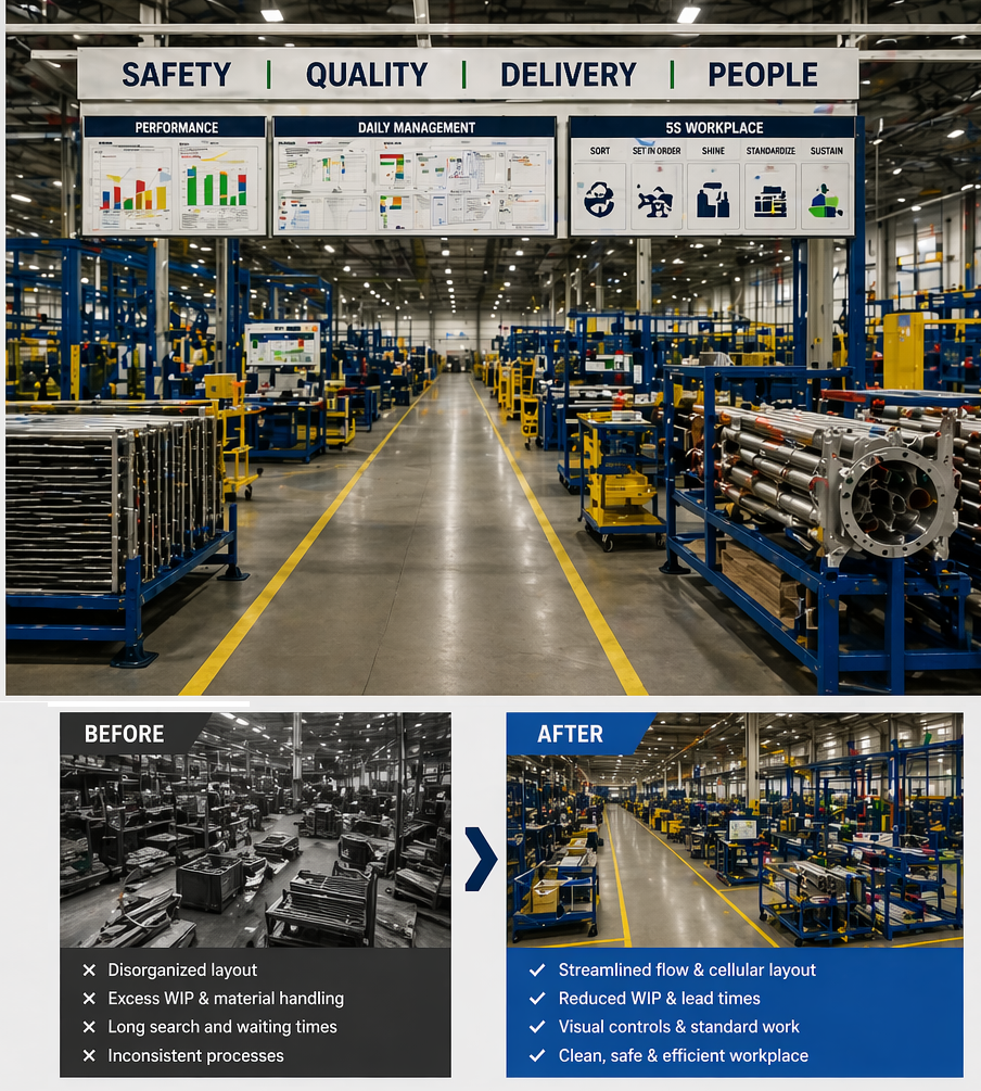 Lean Transformation – 5S factory floor before and after